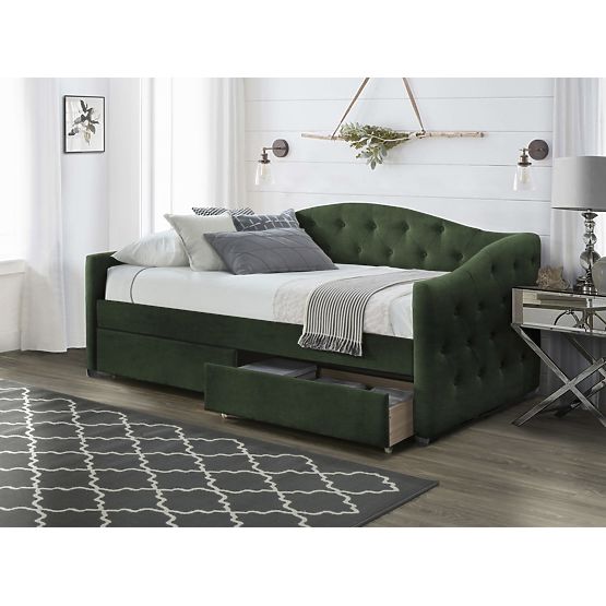 Upholstered bed with drawers ALOHA 90 x 200 cm - Dark green