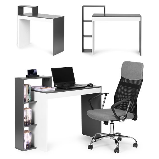 White-Grey Office Computer Desk + Shelf with 4 Shelves